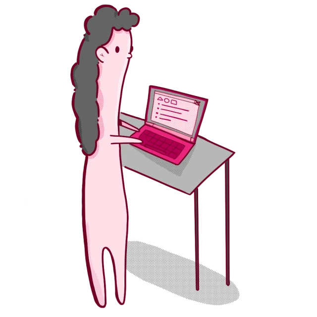 A blob character reading updates on a tablet