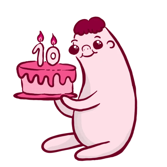A blob character with a birthday cake with the number 10 in candles