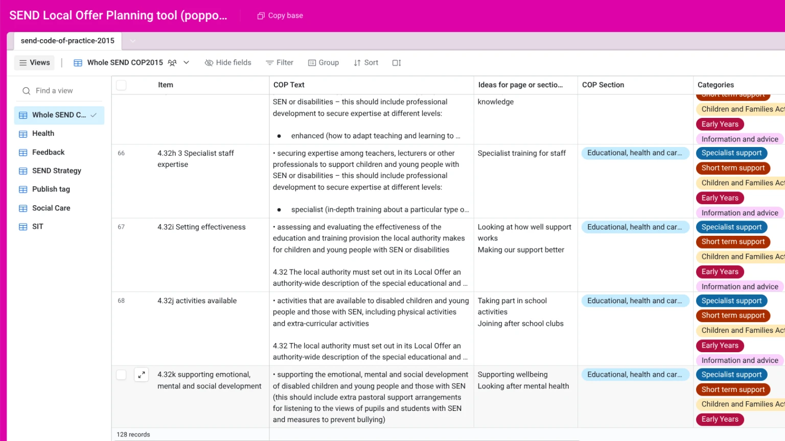 Screenshot of the planning tool
