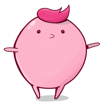 Round pink blob with a quiff, arms out, smiling