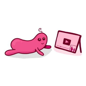Pink blob lying on its front, watching a video on a tablet