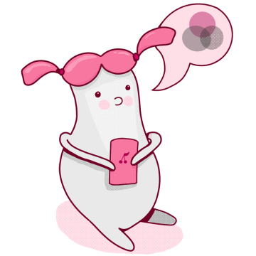 Pale blob with pigtails holding a phone, a speech bubble of coloured circles