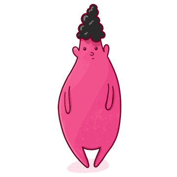 Tall pink blob with dark curly hair, standing shyly