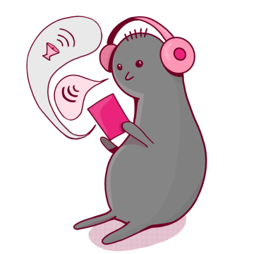 Grey blob in headphones reading a book, sound waves in a speech bubble