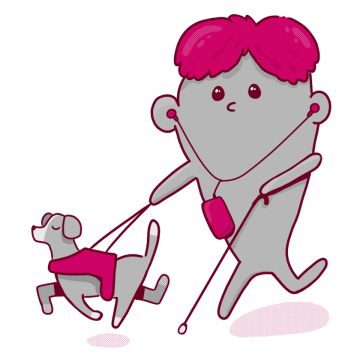 Grey blob with a white cane, walking with a guide dog