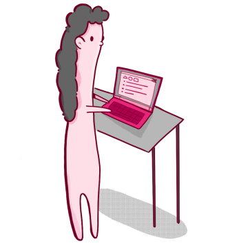 Tall pale blob with long hair, typing on a laptop at a standing desk