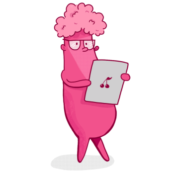 Pink blob with curly hair and glasses, holding a tablet showing a music note