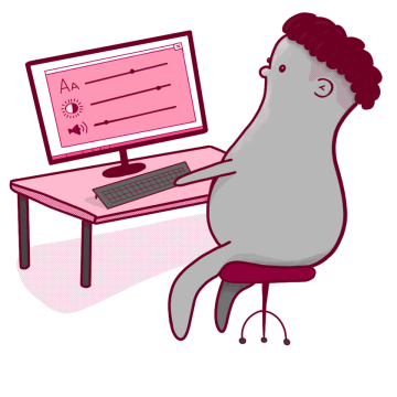 Grey blob at a desk, changing text size and settings on a computer screen
