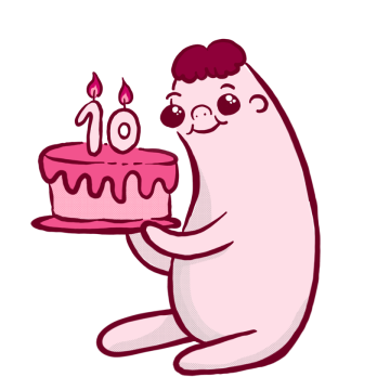 Pale blob holding a birthday cake with a number 10 candle