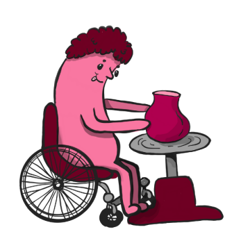 Pink blob in a wheelchair, making a pot on a potter's wheel