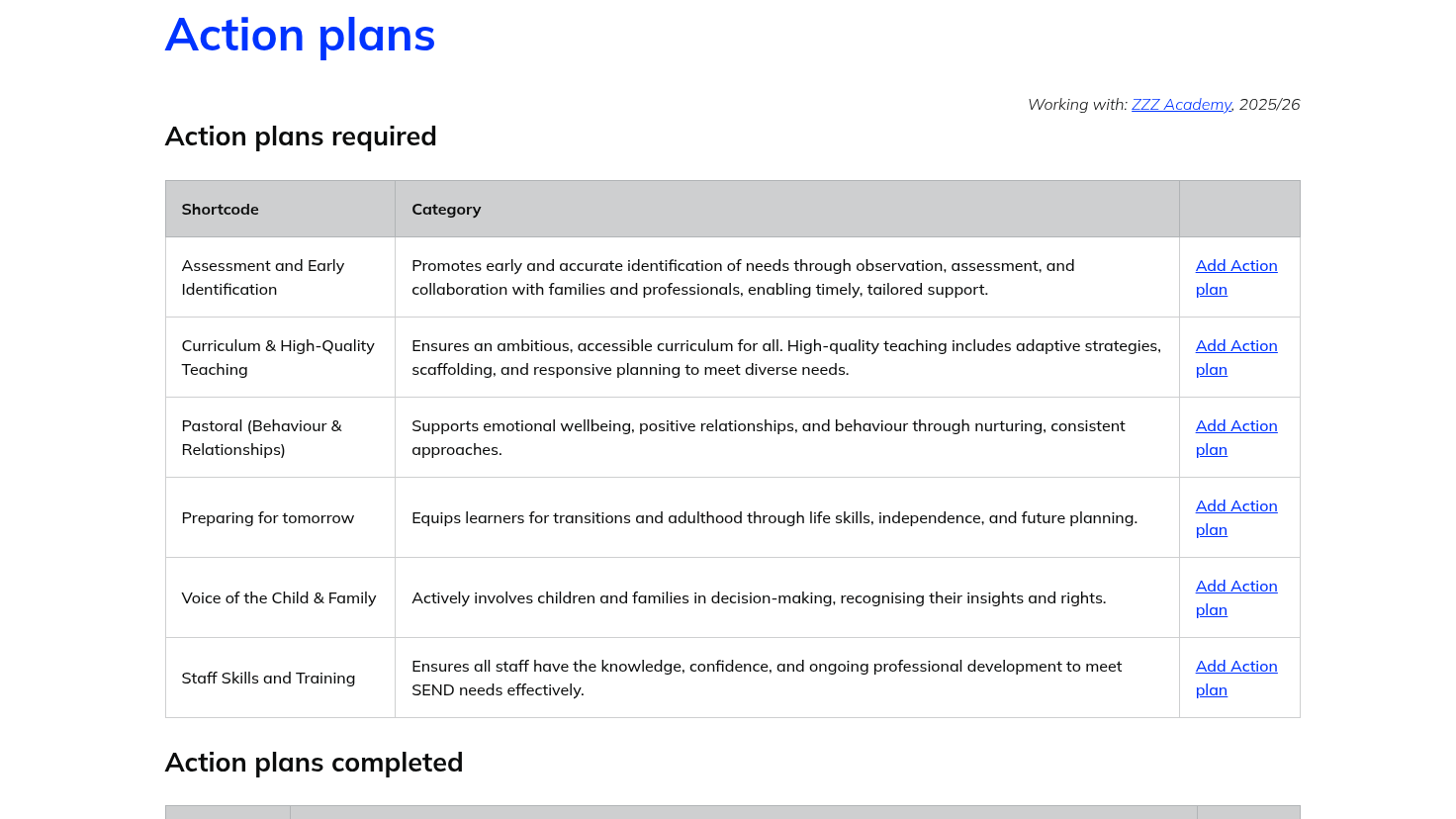 Belong screenshot: choosing the focus areas for a school action plan