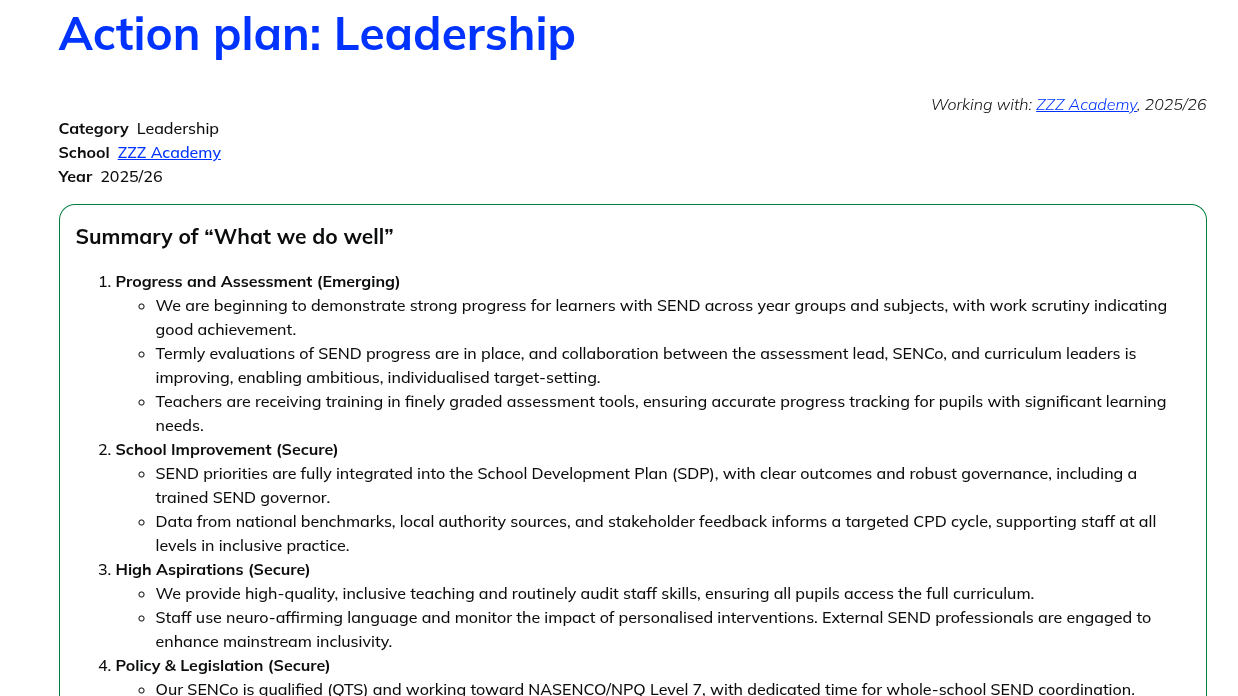 Belong screenshot: reading and sharing a finished action plan