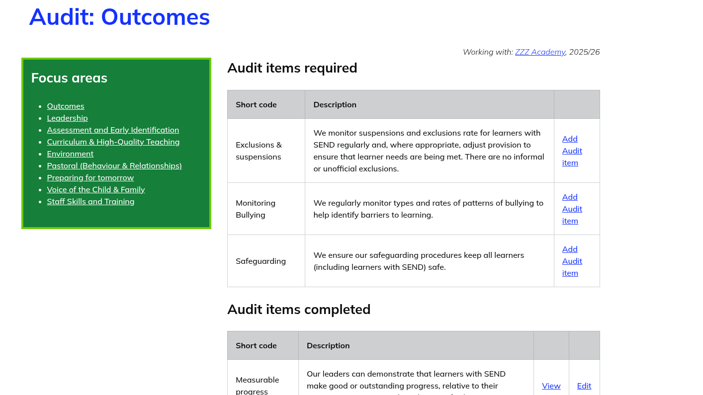 Belong screenshot: audit items grouped by focus area
