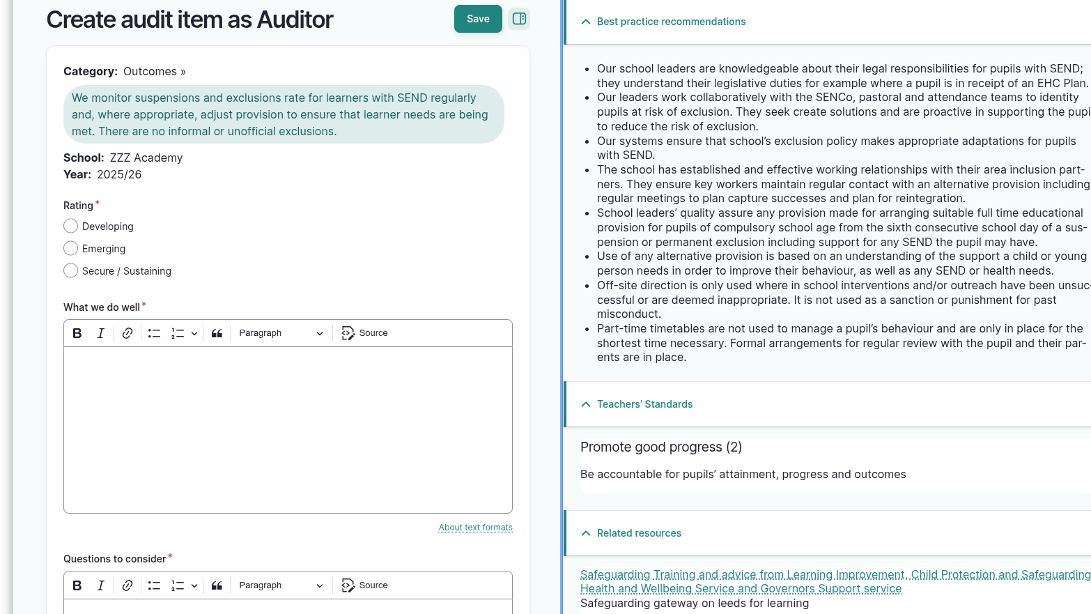 Belong screenshot: writing the whole-school SEND audit