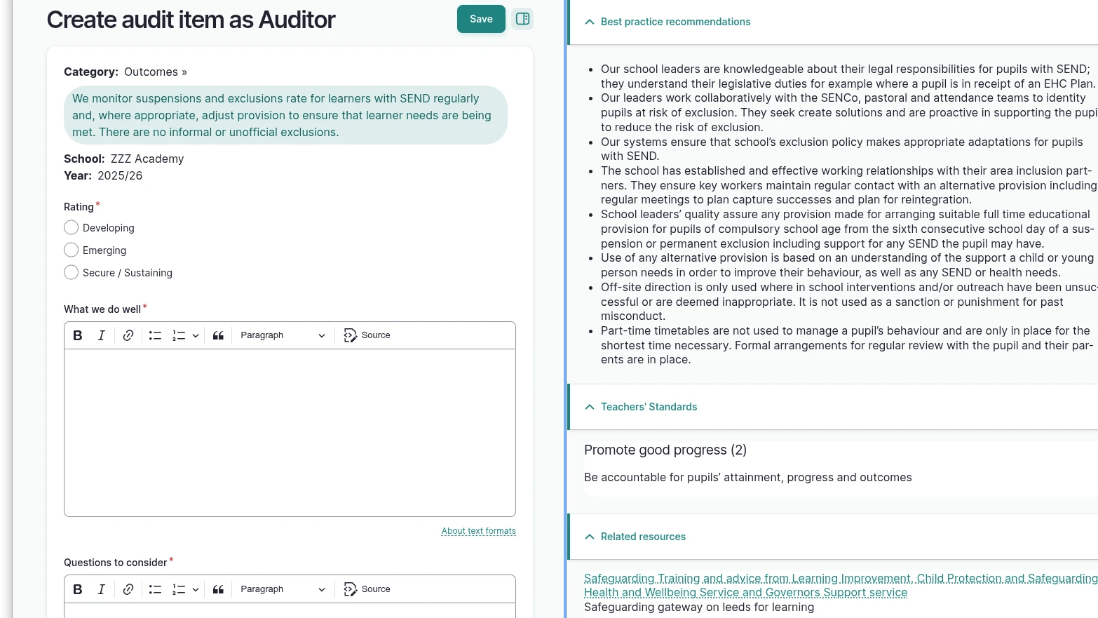 Belong screenshot: writing the whole-school SEND audit