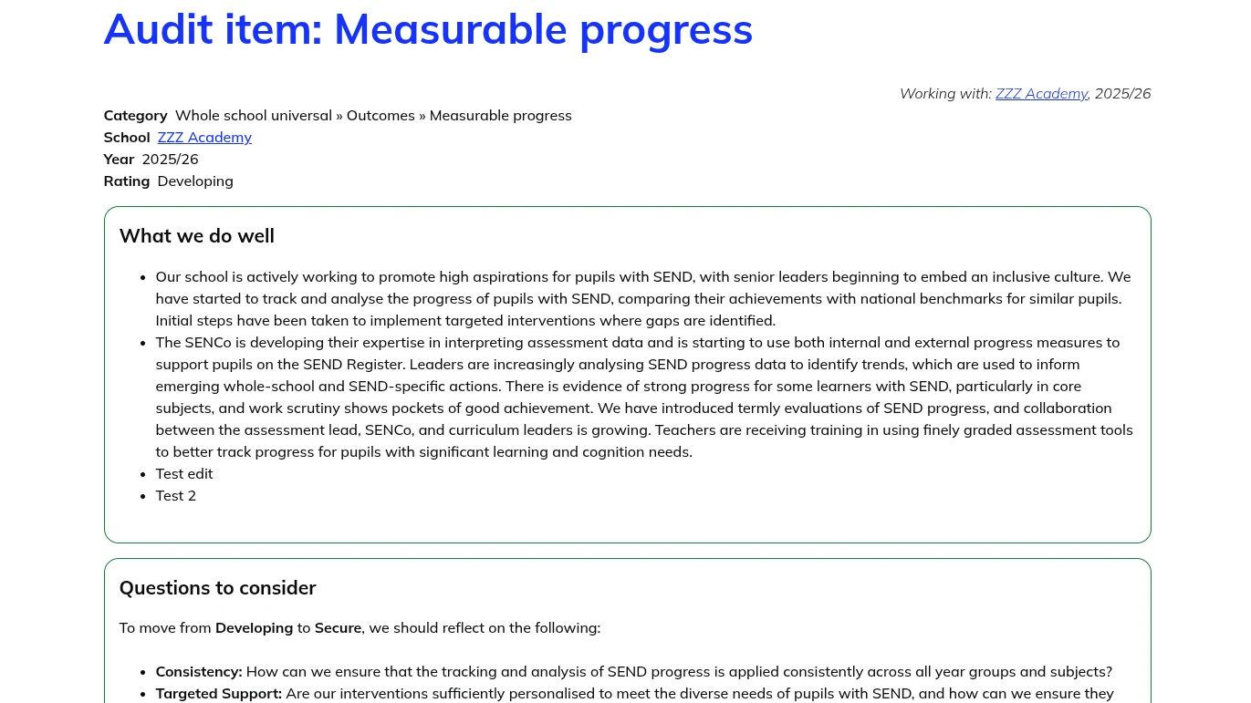 Belong screenshot: reading and sharing a finished audit