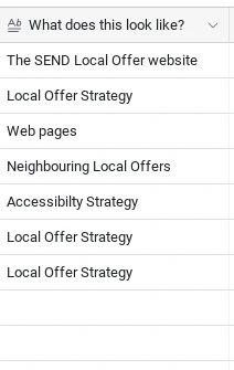 The column naming where each duty shows up, such as the Local Offer website or strategy