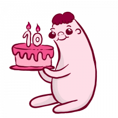 A blob character holding a pink birthday cake with icing and 2 candles making the number 10