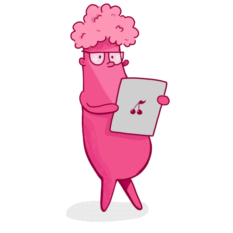 A blob character with popcorn hair and glasses using a tablet