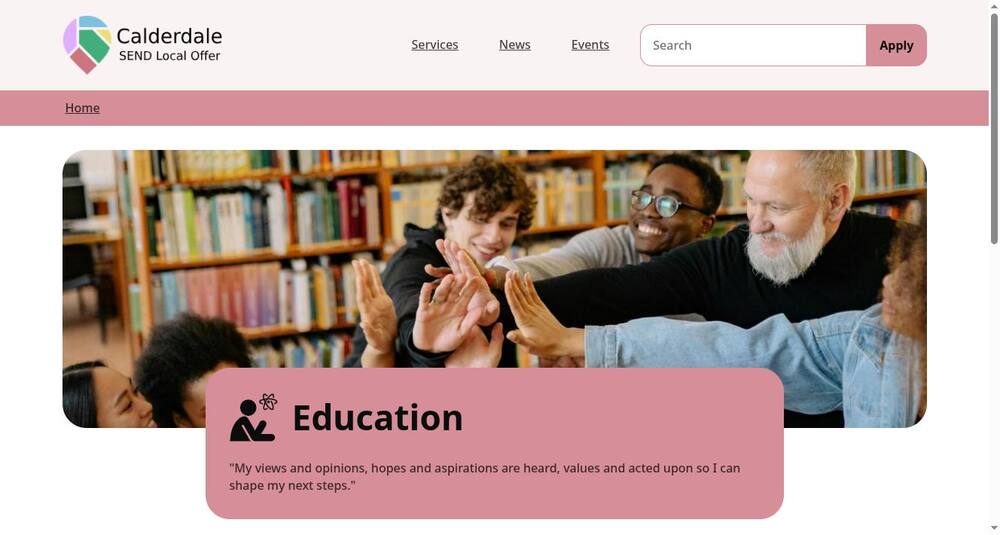 The Education section, with its own colour and a line from the SEND strategy at the top
