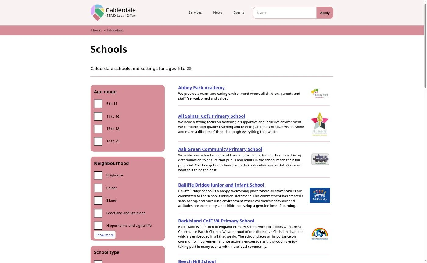 Schools, filtered by age range, neighbourhood and type - including resourced provision and alternative provision
