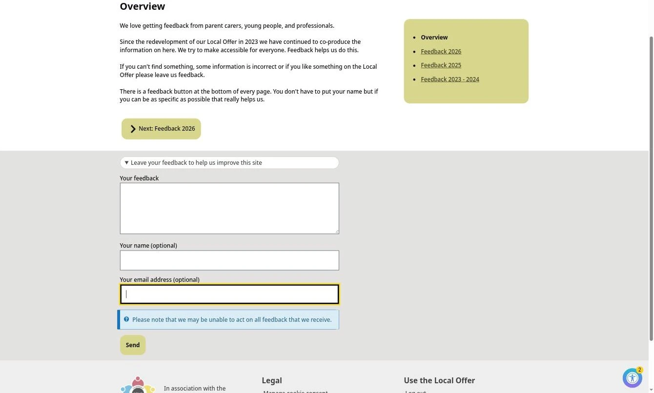 The feedback button, open: one text box, two optional fields, nothing else asked for