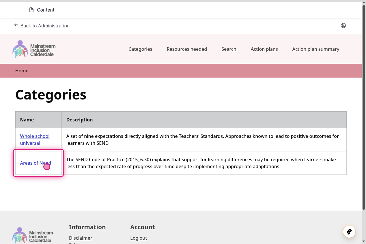 Screenshot of step 1, go to Categories | Calderdale MIC