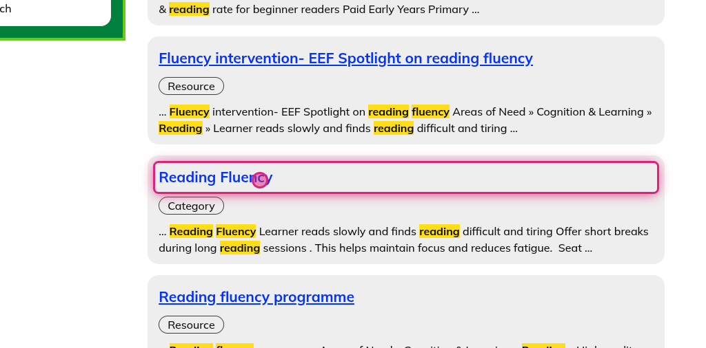 Screenshot of step 5, click on Reading Fluency