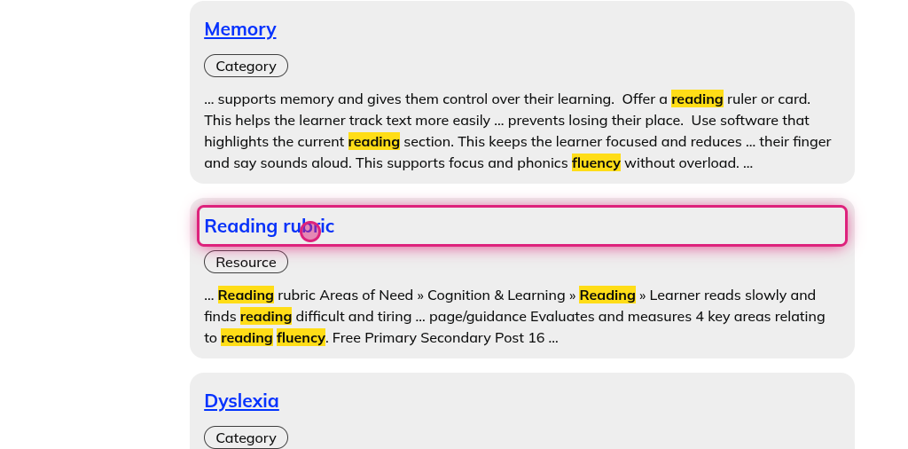Screenshot of step 6, click on Reading rubric