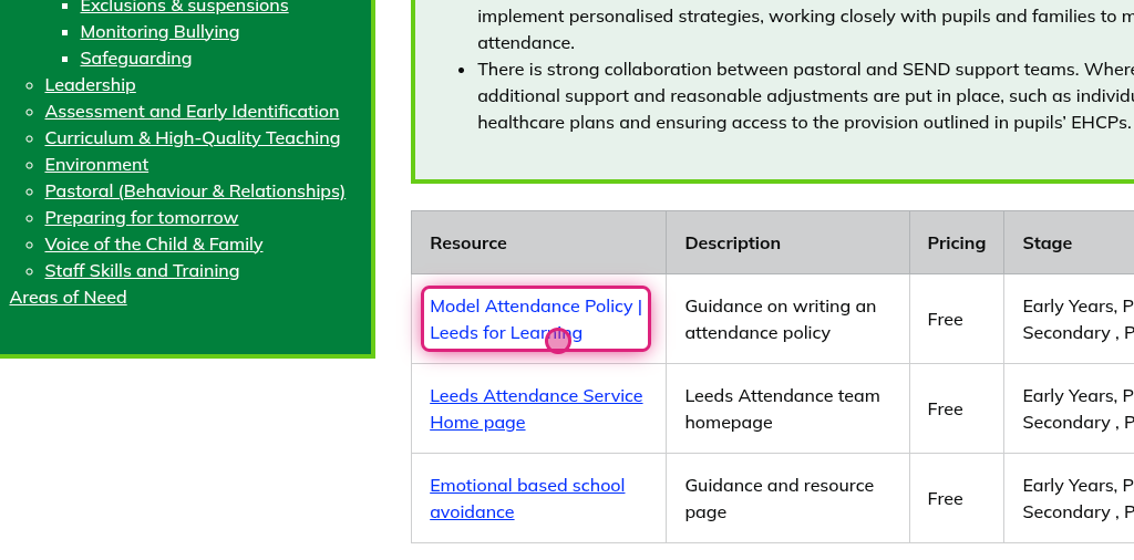 Screenshot of step 12, click on Model Attendance Policy | Leeds for Learning