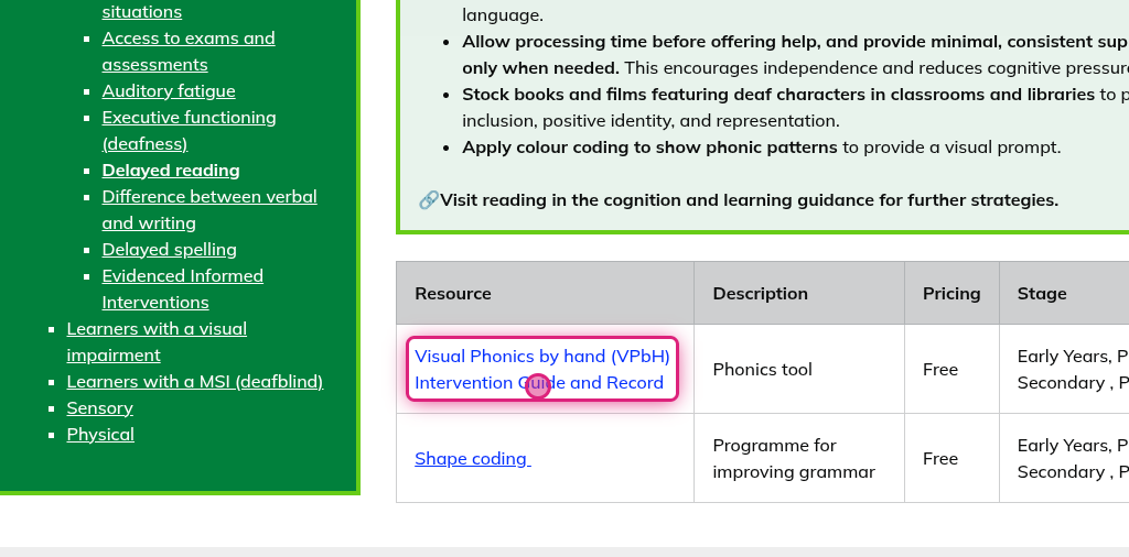 Screenshot of step 17, click on Visual Phonics by hand (VPbH) Intervention Guide and Record