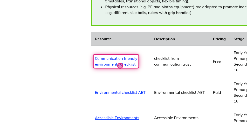 Screenshot of step 7, click on Communication friendly environments checklist