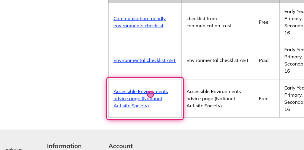 Screenshot of step 8, click on Accessible Environments advice page (National Autisitc Society)