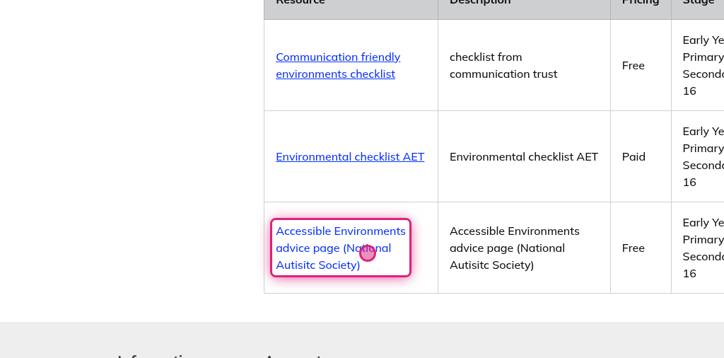 Screenshot of step 9, click on Accessible Environments advice page (National Autisitc Society)