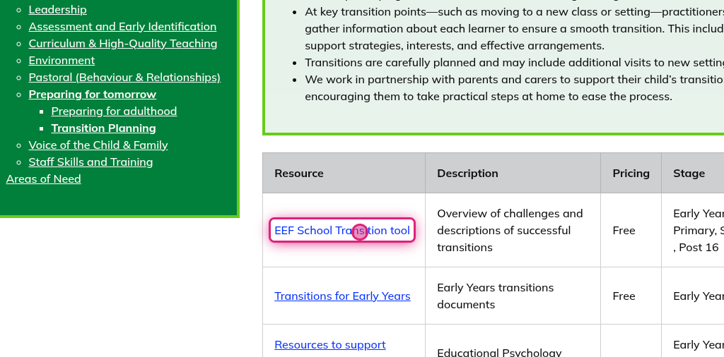 Screenshot of step 7, click on EEF School Transition tool