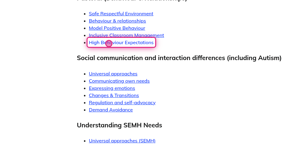Screenshot of step 3, click on High Behaviour Expectations