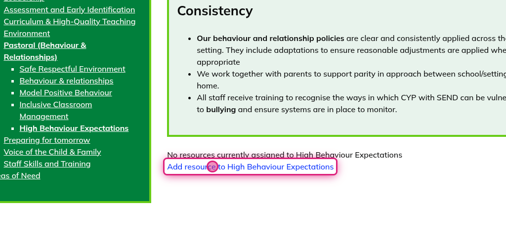 Screenshot of step 4, click on Add resource to High Behaviour Expectations