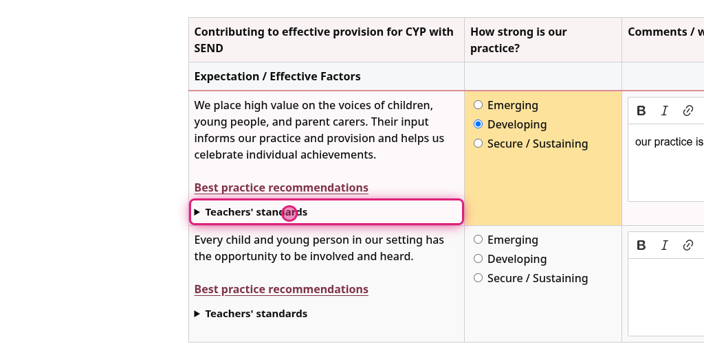 Screenshot of step 7, click on Teachers' standards