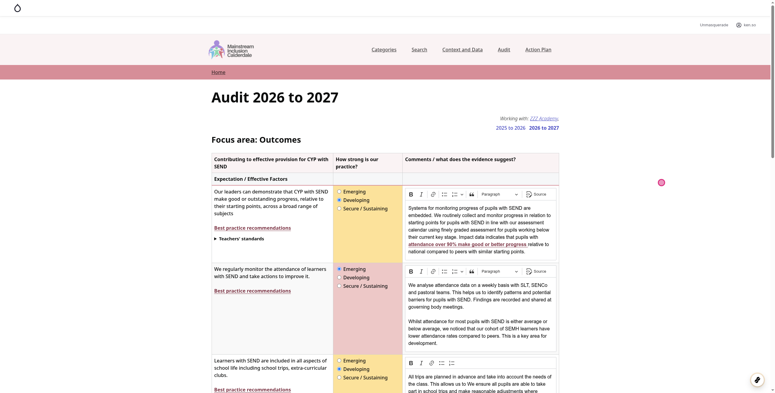 Screenshot of step 1, go to Audit 2026 to 2027 | Calderdale MIC