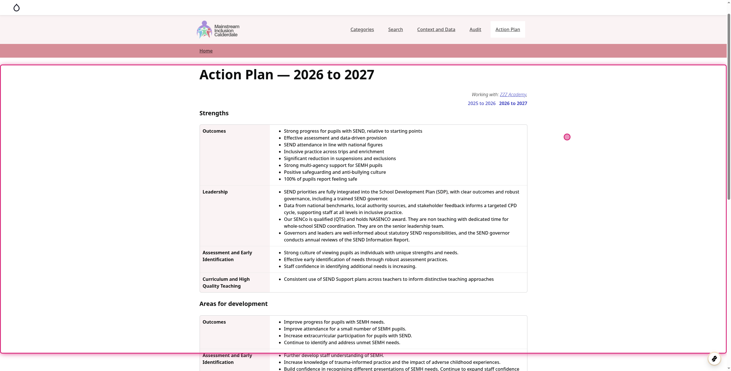 Screenshot of step 1, go to Action Plan — 2026 to 2027 | Calderdale MIC