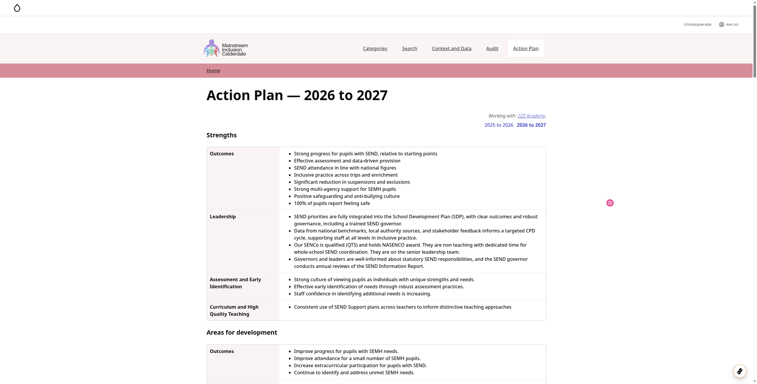 Screenshot of step 1, go to Action Plan — 2026 to 2027 | Calderdale MIC