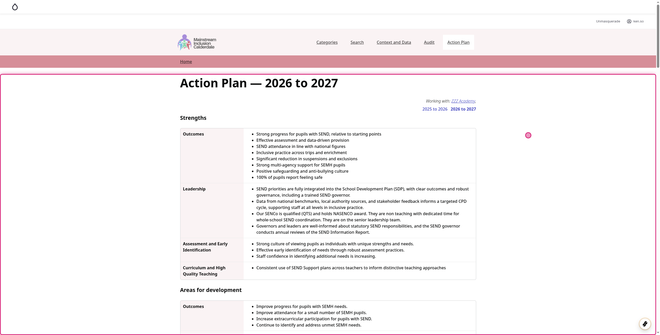 Screenshot of step 1, go to Action Plan — 2026 to 2027 | Calderdale MIC