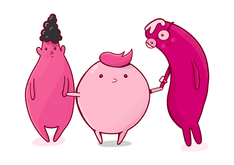 Three cartoon characters of different shapes and colours stand together holding hands