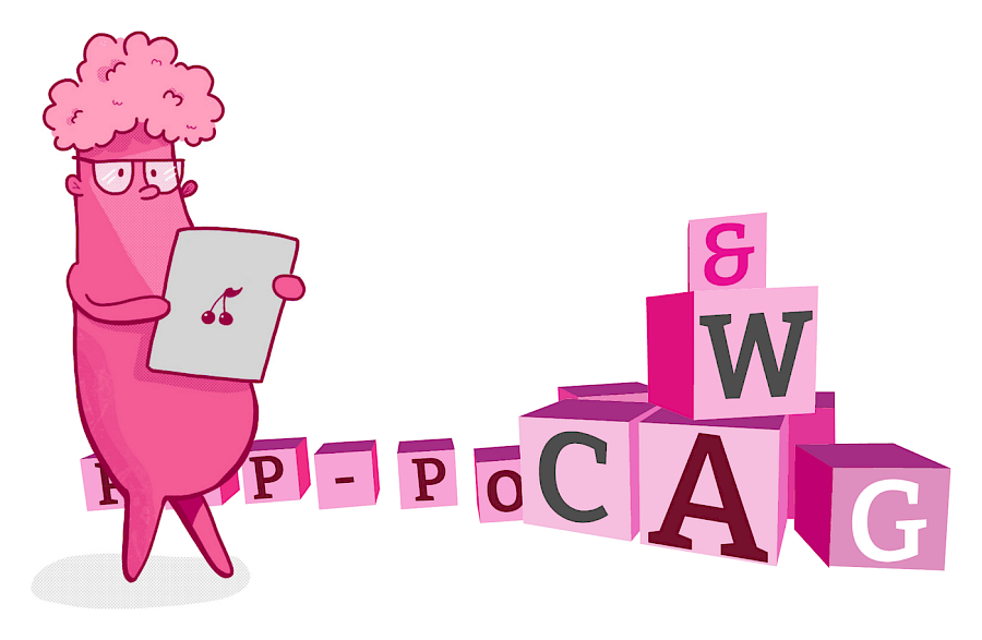 A cartoon character in glasses reads from a tablet beside a pile of toy letter blocks spelling pop pop and WCAG