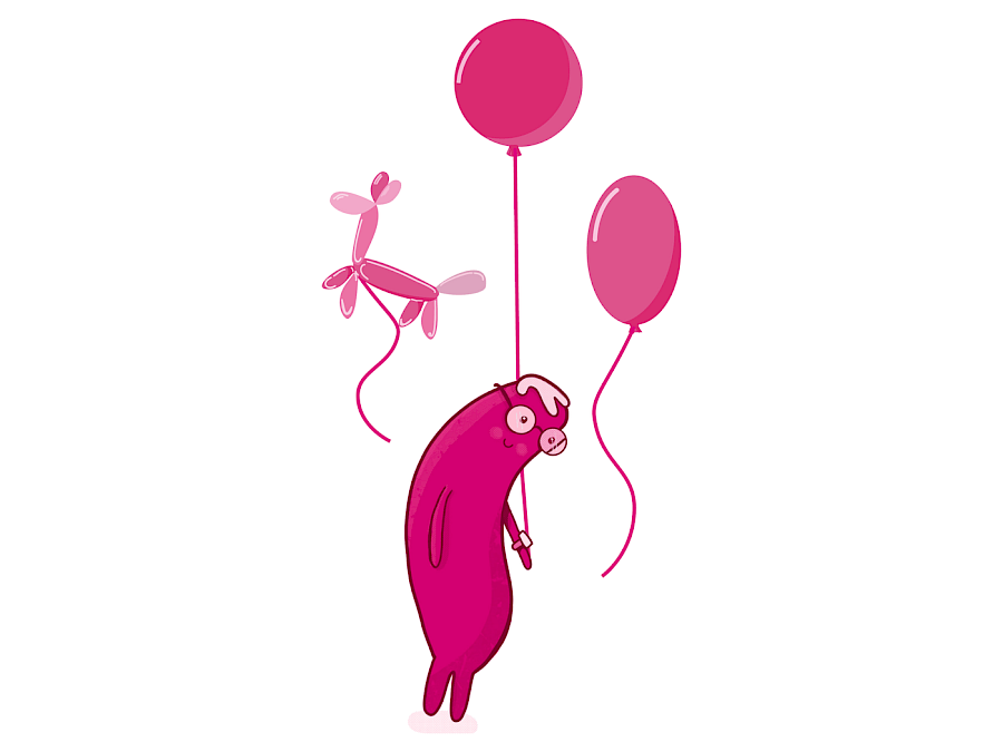 A cartoon character floats upwards holding the strings of two balloons and a balloon dog