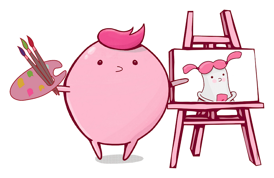 A cartoon character with a paint palette paints a portrait of a friend on an easel
