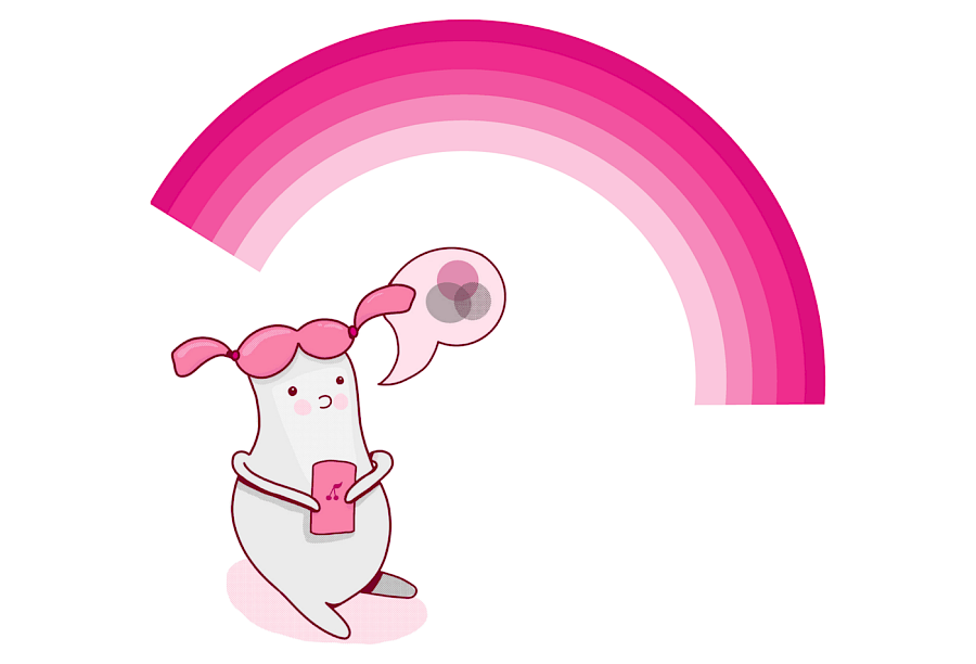 A cartoon character holding a phone stands under a rainbow of pink shades, thinking about overlapping colour circles