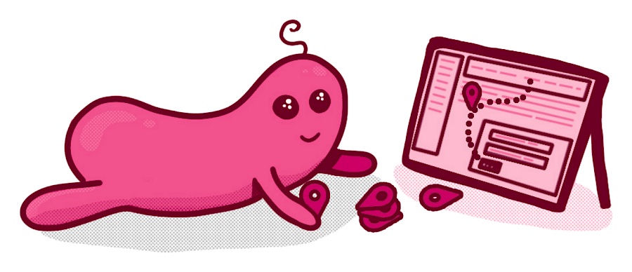 A cartoon character lies on the floor looking at a web page drawn like a map, with a route marked across it