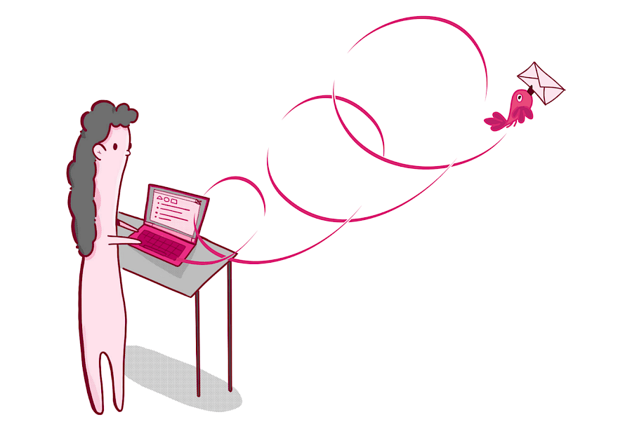 A cartoon character types on a laptop and a small bird flies out of the screen carrying a letter