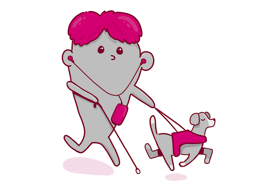 A cartoon character with a white cane walks along with a guide dog